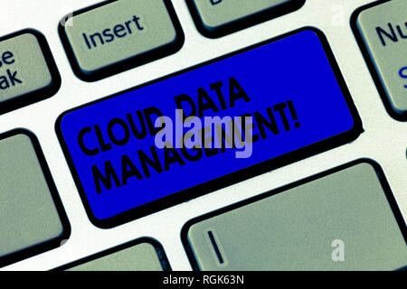 Word writing text Cloud Data Management. Business concept for A technique to analysisage data across cloud platforms Keyboard key Intention to create  Stock Photo