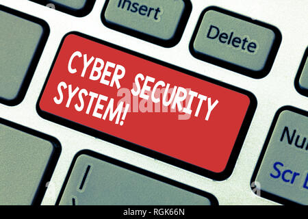 Word writing text Cyber Security System. Business concept for Techniques of protecting computers from hacking Keyboard key Intention to create compute Stock Photo