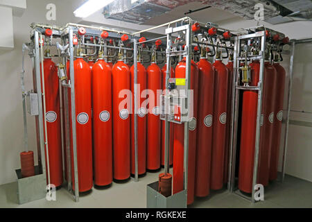 Heavy compressed Argon Gas Cylinders in a cloud data storage  centre, Mainz, Rhineland-Palatinate, Germany, Europe