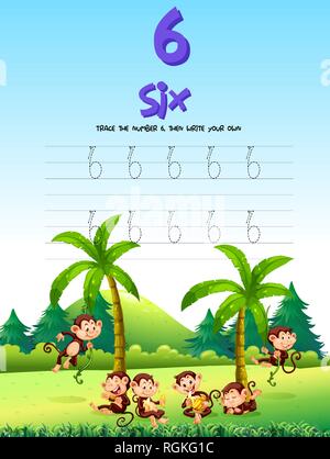 Number five tracing worksheets illustration Stock Vector