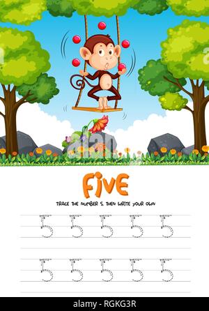 Number five tracing worksheets illustration Stock Vector
