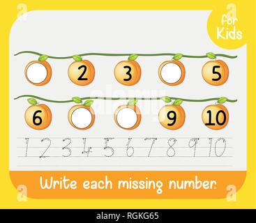 Write each missing number worksheet illustration Stock Vector