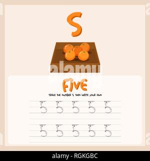Number five tracing worksheets illustration Stock Vector