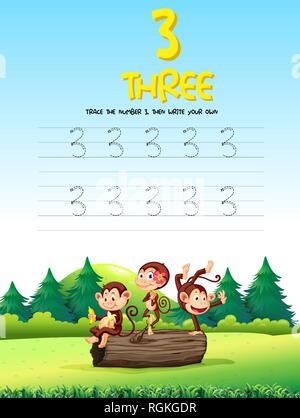 Number three tracing worksheets illustration Stock Vector