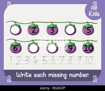 Write each missing number worksheet illustration Stock Vector
