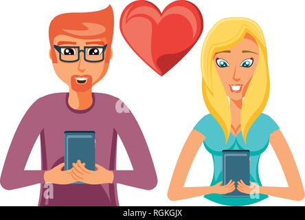 young couple with smartphones and earth love vector illustration design Stock Vector