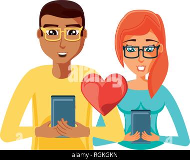young couple with smartphones and earth love vector illustration design Stock Vector