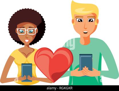 young couple with smartphones and earth love vector illustration design Stock Vector