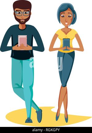 young couple with smartphones devices vector illustration design Stock Vector
