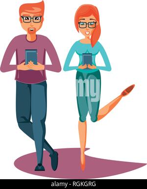 young couple with smartphones devices vector illustration design Stock Vector