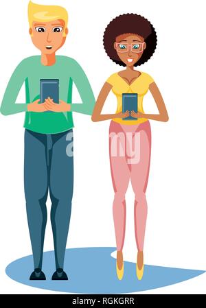 young couple with smartphones devices vector illustration design Stock Vector