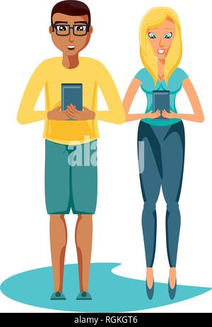 young couple with smartphones devices vector illustration design Stock Vector