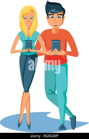 young couple with smartphones devices vector illustration design Stock Vector