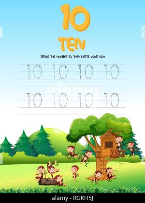 Number five tracing worksheets illustration Stock Vector