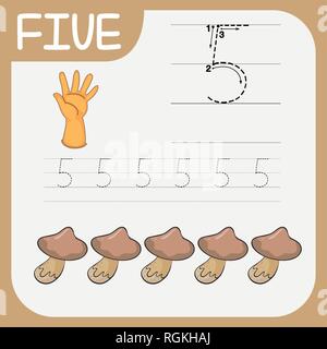 Number five tracing worksheets illustration Stock Vector