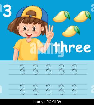Number three tracing worksheets illustration Stock Vector
