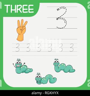 Number three tracing worksheets illustration Stock Vector