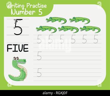 Number five tracing worksheets illustration Stock Vector