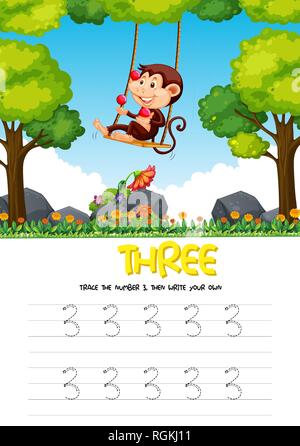 Number three tracing worksheets illustration Stock Vector