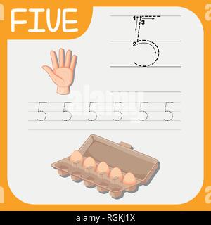 Number five tracing worksheets illustration Stock Vector