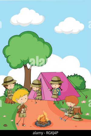 Camping kids in nature illustration Stock Vector