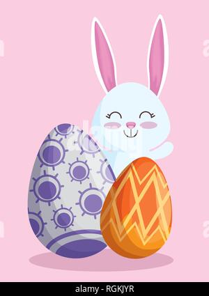 happy rabbit with easter eggs with figures decoration Stock Vector