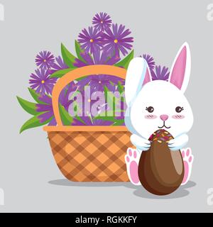 rabbit with chocolate eggs and flowers inside basket Stock Vector