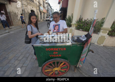 Ice cream vendor on historic Calle Crisologo, Vigan, Ilocos Sur, Philippines Stock Photo