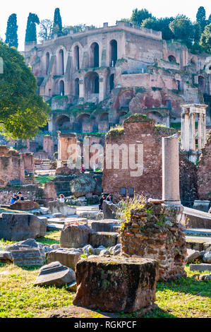 Rome, Italy - November 17, 2018: View on Domus Tiberiana palace remains ruins as a part of west edge of Palatine hill with highest panoramic viewpoint Stock Photo