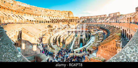 Rome, Italy - November 17, 2018: Wide panorama of Colosseum or Coliseum, also known as the Flavian Amphitheatre, is an oval amphitheatre in the center Stock Photo