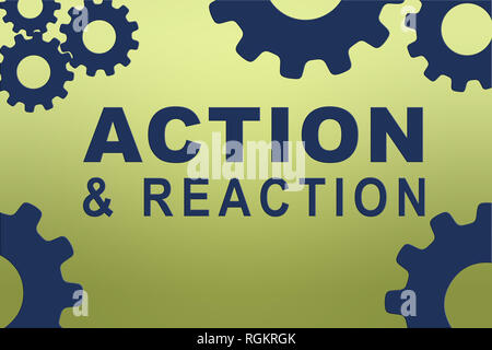 ACTION & REACTION sign concept illustration with blue gear wheel figures on pale green gradient as background Stock Photo