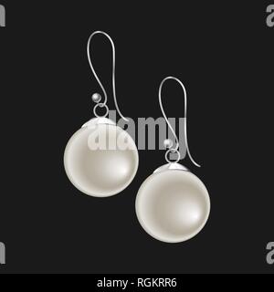 Realistic pearl earrings isolated on black background. Vector illustration, EPS10. Stock Vector