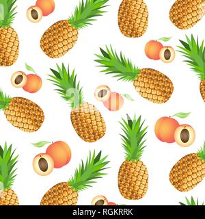 Background with ripe tropical fruits - pineapples and peaches. Vector illustration, EPS10 Stock Vector