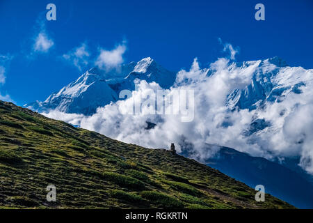 Panoramic view from Ice Lake area, the snow covered summit of Annapurna 2 in the distance Stock Photo