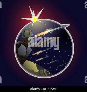 Astronaut in spacesuit shows in direction of far space. Bright star, small constellations, home planet and rockets in background. Concept of space Stock Vector