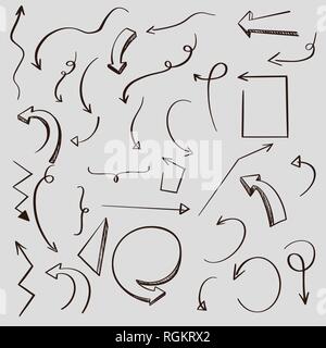 Set of arrows. Hand drawn scribble sketches. Tangled arrows. Array of lines. Black and white illustration. Doodles for design and business Stock Vector