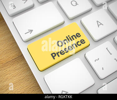 Business Concept: Online Presence on Computer Keyboard lying on the Wood Background. Close-Up View on the Modern Laptop Keyboard - Online Presence Yel Stock Photo