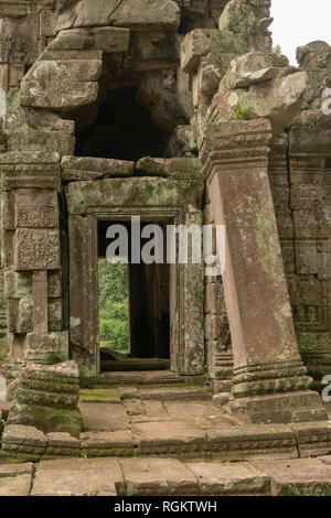 View through temple doorway with wonky pillar Stock Photo