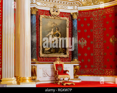 19 September 2018: St Petersburg, Russia - Throne and portrait of Peter the Great in the Small Throne Room in the Winter Palace, part of the Hermitage Stock Photo