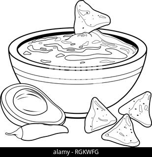 Bowl of avocado guacamole and nachos chips. Vector black and white coloring book page Stock Vector