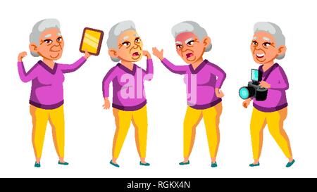 Asian Old Woman Poses Set Vector. Elderly People. Senior Person. Aged. Beautiful Retiree. Life. Card, Advertisement, Greeting Design. Isolated Cartoon Stock Vector