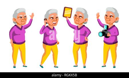 Asian Old Woman Poses Set Vector. Elderly People. Senior Person. Aged. Funny Pensioner. Leisure. Postcard, Announcement, Cover Design. Isolated Stock Vector