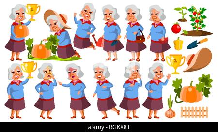 Asian Old Woman Poses Set Vector. Elderly People. Senior Person. Vegetable Garden. Aged. Friendly Grandparent. Banner, Flyer, Brochure Design Stock Vector