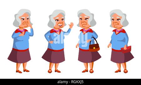 Asian Old Woman Poses Set Vector. Elderly People. Senior Person. Aged. Cheerful Grandparent. Presentation, Invitation, Card Design. Isolated Cartoon Stock Vector