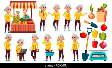 Asian Old Woman Poses Set Vector. Elderly People. Ecological Vegetables, Market. Senior Person. Aged. Cute Retiree. Activity. Advertisement Stock Vector
