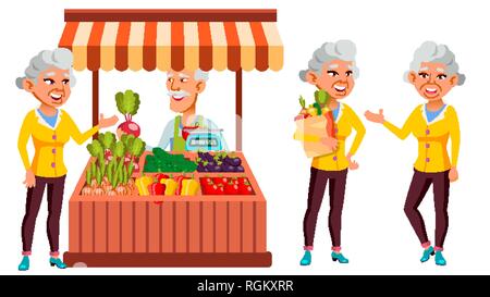 Asian Old Woman Poses Set Vector. Elderly People. Ecological Vegetables, Market. Senior Person. Aged. Comic Pensioner. Lifestyle. Postcard, Cover Stock Vector