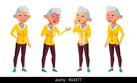 Asian Old Woman Poses Set Vector. Elderly People. Senior Person. Aged. Active Grandparent. Joy. Web, Brochure, Poster Design. Isolated Cartoon Stock Vector
