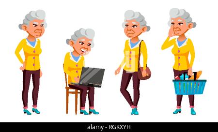 Asian Old Woman Poses Set Vector. Elderly People. Senior Person. Aged. Beautiful Retiree. Life. Presentation, Print, Invitation Design. Isolated Stock Vector