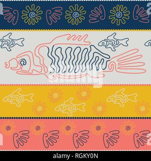 Fish and shells. Point Art. Australian Aboriginal art. Limited color palette. Horizontal stripes. Seamless pattern Stock Vector