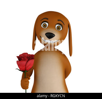 Cartoon valentines dog with a red rose in hand, isolated on white background. 3d rendering Stock Photo